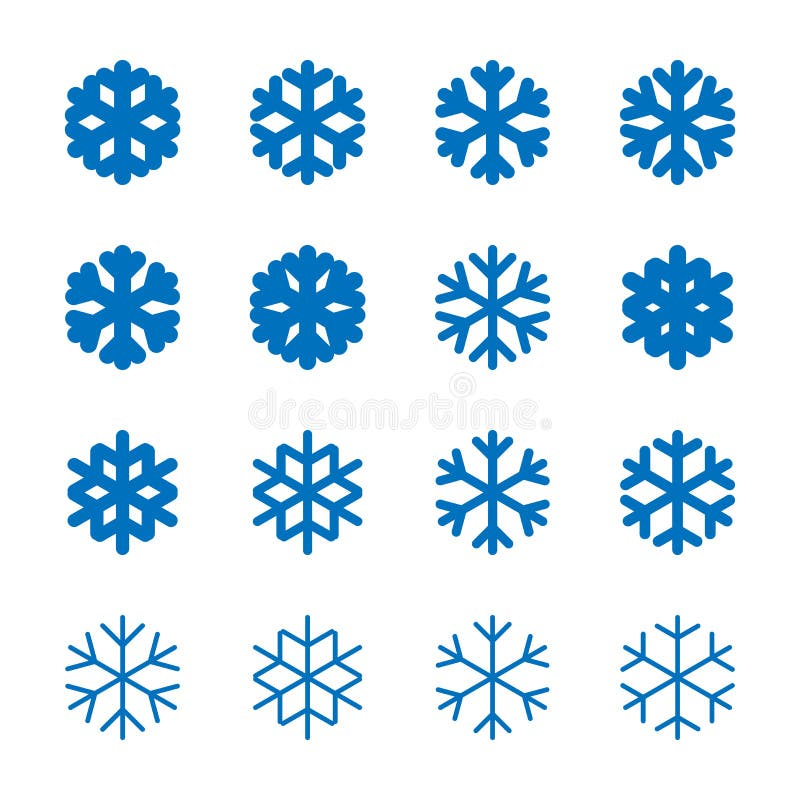 Muestras de los copos de nieve fijadas Iconos azules del copo de nieve aislados en el fondo blanco Siluetas de la escama de la ni