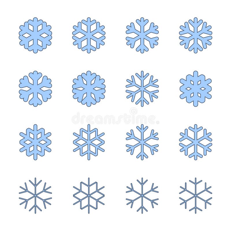 Muestras de los copos de nieve fijadas Iconos azules del copo de nieve aislados en el fondo blanco Siluetas de la escama de la ni