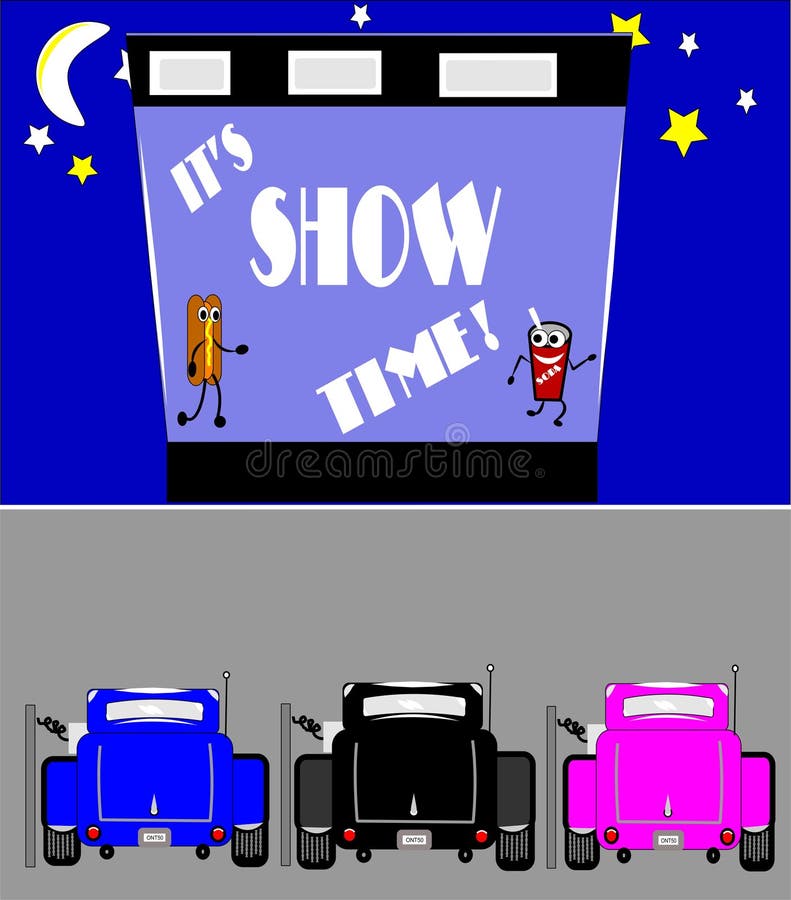 Illustration of drive in from 50's with screen text of show time with hot rods parked in front. Illustration of drive in from 50's with screen text of show time with hot rods parked in front