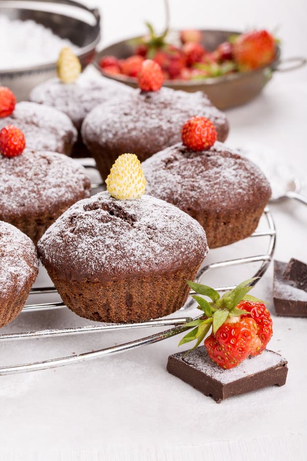 Muffin casalinghi di recente al forno del cioccolato fotografia stock Muffin casalinghi di recente al forno del cioccolato fotografia stock