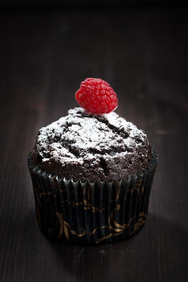 Muffin del cioccolato con zucchero ed il lampone in polvere immagine stock Muffin del cioccolato con zucchero ed il lampone in polvere immagine stock