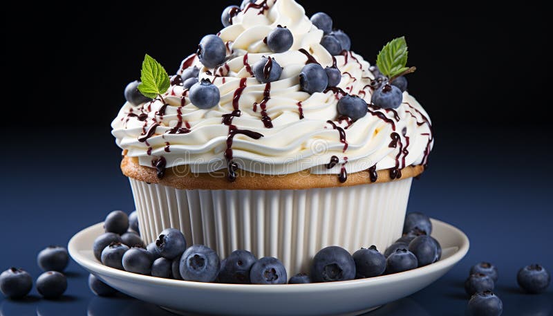 Muffin di mirtilli appena cotti con panna montata e ghiacciatura al cioccolato generata dall'ai illustrazione di stock