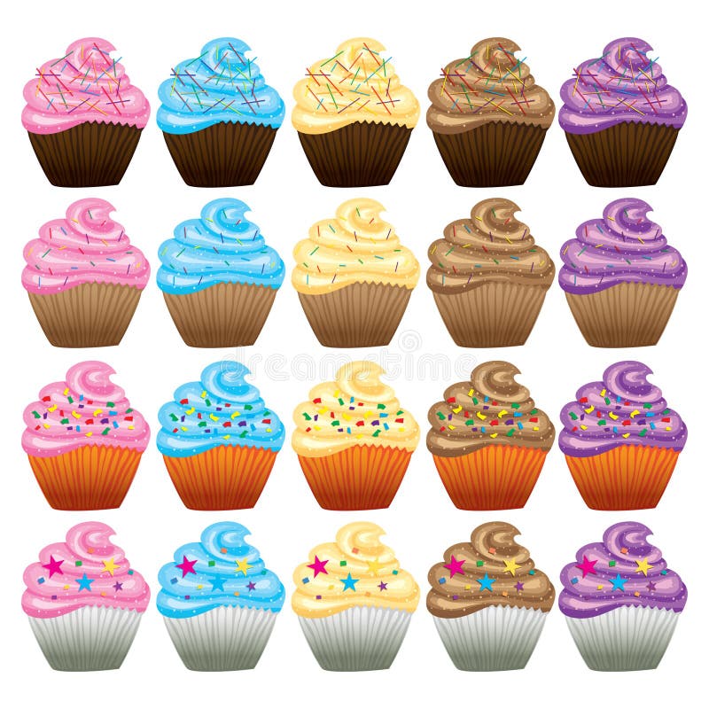 Colorful cupcakes with cream-colored paper with stands. Colorful cupcakes with cream-colored paper with stands