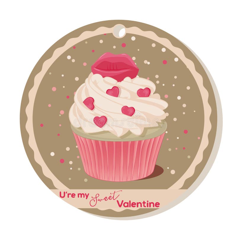 Muffin med vaniljkräm och rosa färger sockrar kanter för valentindag Hälsningkort, etikett eller klistermärke för söt valentin stock illustrationer