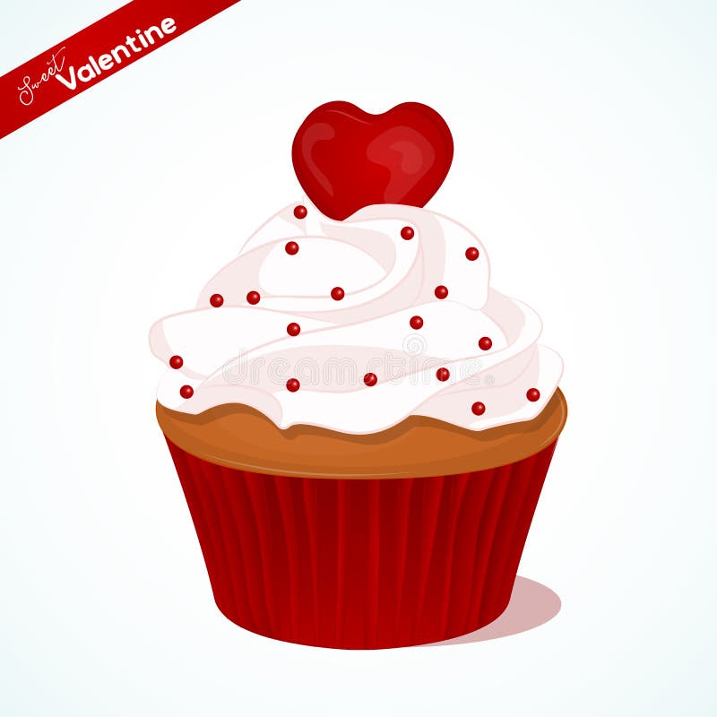 Muffin med vaniljkräm och röd sockerhjärta för valentindag Hälsningkort, bakgrund, affisch eller mall för vektor illustrationer