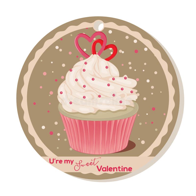 Muffin med vaniljkräm- och sockerhjärtor för valentindag Hälsningkort, etikett eller klistermärke för söt valentin royaltyfri illustrationer