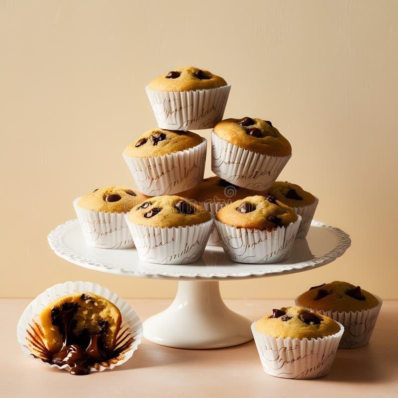 Muffins à puces au chocolat : douce fraîchement cuite avec un coeur de chocolat fondu goey photographie stock libre de droits