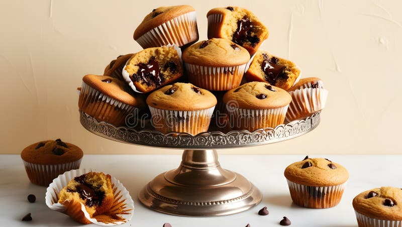Muffins à puces au chocolat : douce fraîchement cuite avec un coeur de chocolat fondu goey photo stock