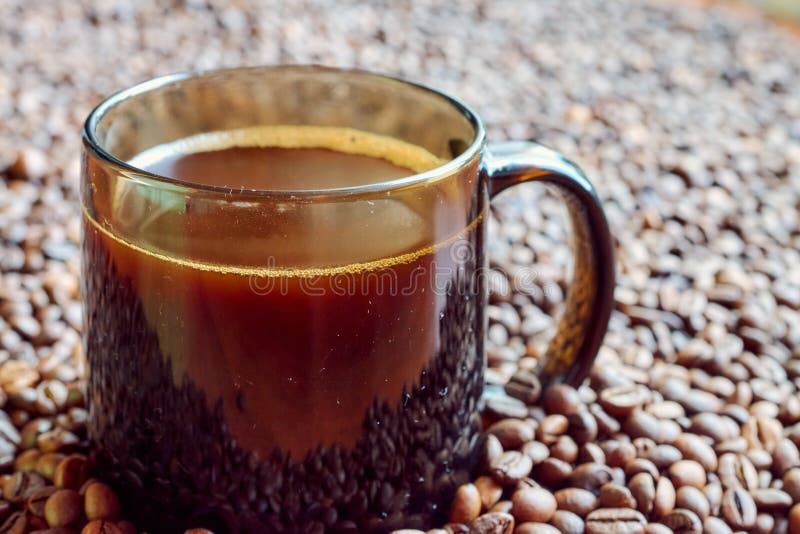 A Mug of Freshly Brewed Coffee Stands on Coffee Beans Stock Photo