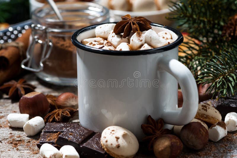 mug of hot chocolate with marshmallows and sweets