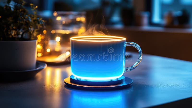 Mug illuminato moderno con cerchio blu e base che emette luce morbida per un aspetto futuristico ed elegante illustrazione di stock