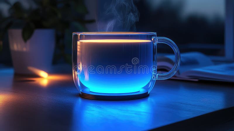 Mug illuminato moderno con cerchio blu e base che emette luce morbida per un aspetto futuristico ed elegante illustrazione di stock