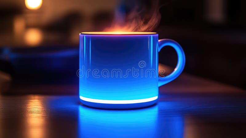 Mug illuminato moderno con cerchio blu e base che emette luce morbida per un aspetto futuristico ed elegante illustrazione di stock