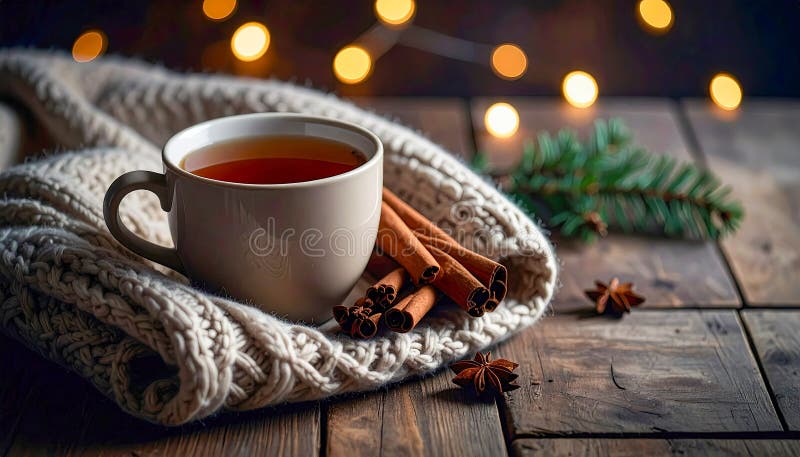 A mug of tea with cinnamon sticks on a table. vector illustration