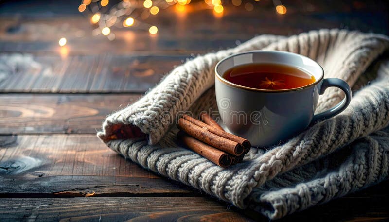 A mug of tea sits on a table next to a blanket. The blanket is covered in cinnamon sticks. vector illustration