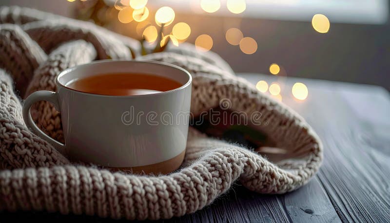 A mug of tea is sitting on a blanket on a wooden table vector illustration