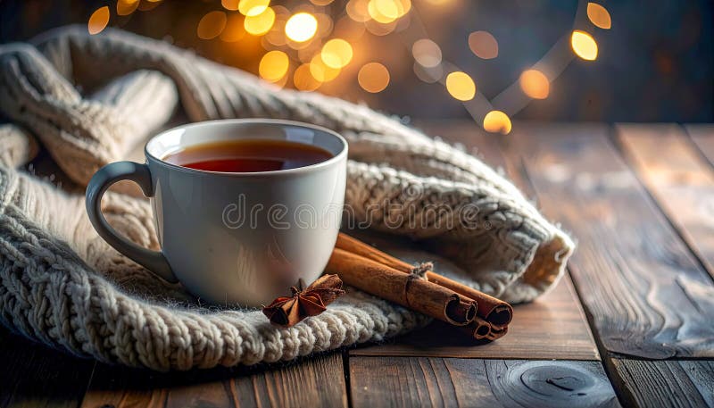 A mug of tea is sitting on a table next to a blanket. The blanket is white and has cinnamon sticks on it. stock illustration