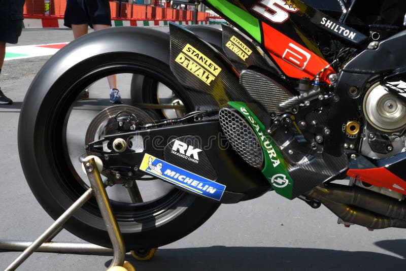 MUGELLO - ITALY, 2 JUNE: Detail of Yamaha M1 MotoGP 2018 of Yamaha Tech 3 Team in the Pit Lane at GP of Italy 2018.