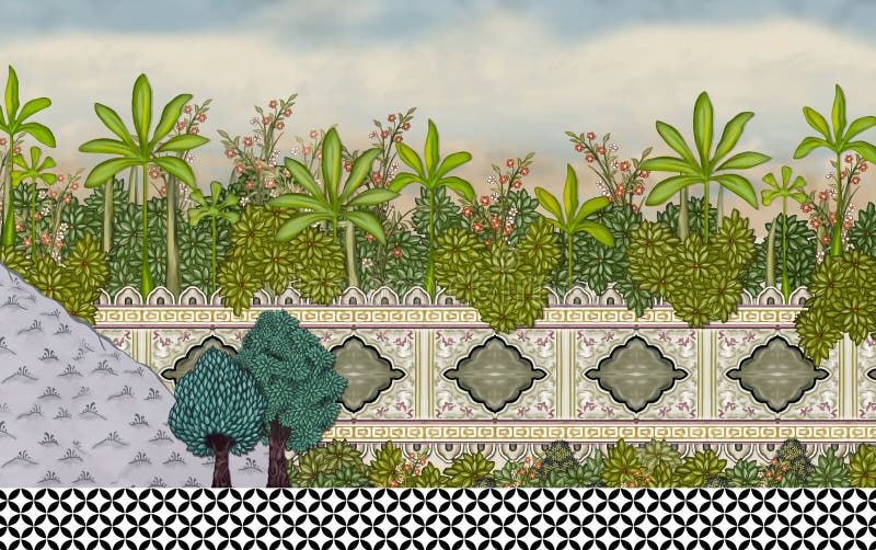 Mughal-Garten-Wand mit Blätter Öl-Farben-Illustrations-Grafik