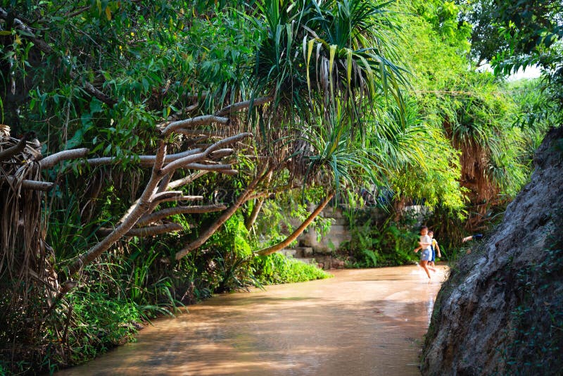 Muine, Vietnam - 18 de julho de 2019 - Fairy Stream. Rio, Red Canyon. Crianças correndo brincando no rio fotos de stock royalty free Muine, Vietnam - 18 de julho de 2019 - Fairy Stream. Rio, Red Canyon. Crianças correndo brincando no rio fotos de stock royalty free