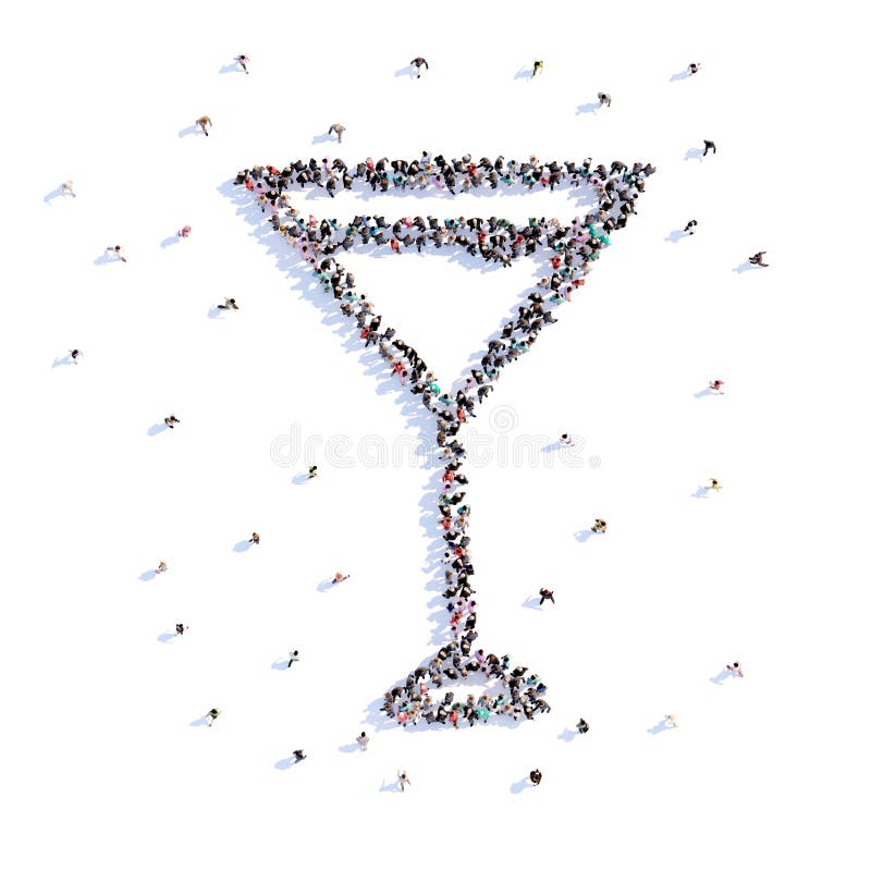 Muitos povos formam um vidro de martini, um casamento, amor, ícone rendição 3d ilustração royalty free Muitos povos formam um vidro de martini, um casamento, amor, ícone rendição 3d ilustração royalty free