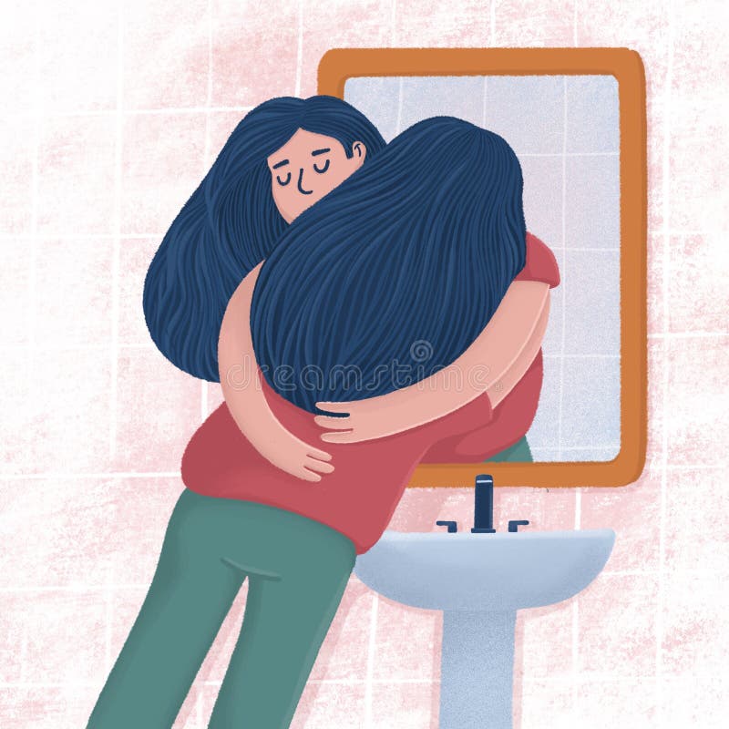 Mujer abrazándose con reflexión en el espejo del baño