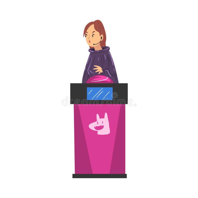 Mujer adivinando preguntas en programa de preguntas chica contestando pregunta en televisión juego intelectual tipo de dibujos ani libre illustration