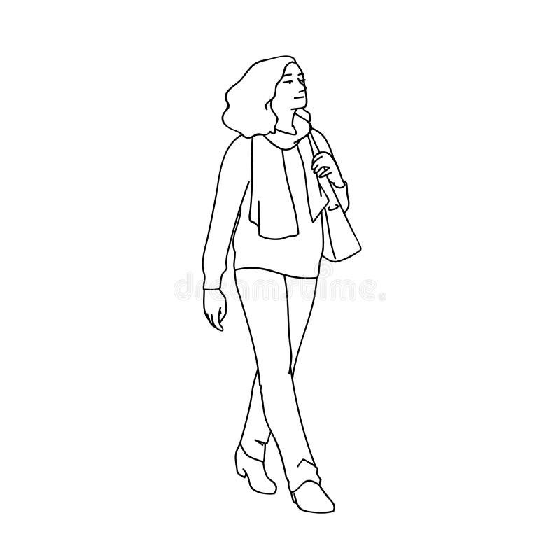 Mujer adulta con pelo rizado dando un paseo, mirando lejos. Concepto. Ilustración vectorial de la mujer en el desgaste casual y ilustración del vector Mujer adulta con pelo rizado dando un paseo, mirando lejos. Concepto. Ilustración vectorial de la mujer en el desgaste casual y ilustración del vector