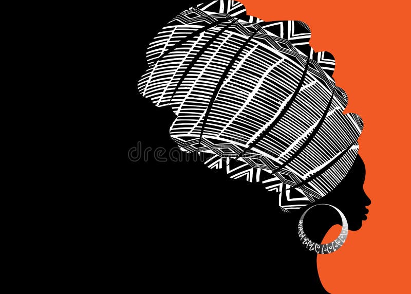 Mujer africana hermosa del retrato en el turbante tradicional, abrigo de la cabeza de Kente, impresión del dashiki, silueta del v stock de ilustración