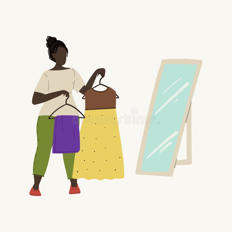 Mujer Afro-americana Probar Ropa En Una Fiesta De Intercambio O En Una  Tienda De Ropa Compras, Donaciones De Ropa O De Segunda Ma Ilustración del  Vector - Ilustración de cliente, muchacha: 166529133