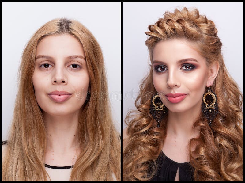 Mujer Antes Y Después Del Maquillaje Y Del Peinado Imagen de archivo -  Imagen de concepto, proceso: 95421583