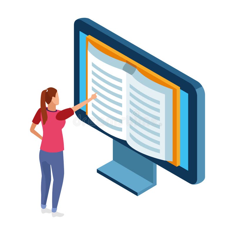 Mujer apuntando a una computadora con un libro en la pantalla, diseño colorido stock de ilustración Mujer apuntando a una computadora con un libro en la pantalla, diseño colorido stock de ilustración