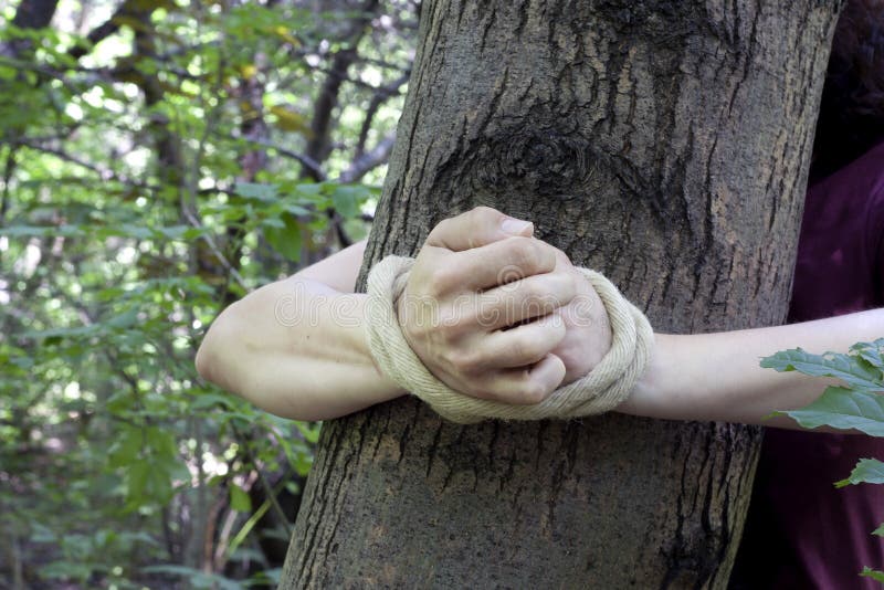 Mujer Atada A Un árbol En El Bosque Foto de archivo 