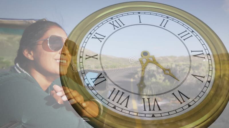 Mujer automotriz ventana de inclinación por reloj de camino desierto que aparece rotando guiando mirada reflexiva stock de ilustración