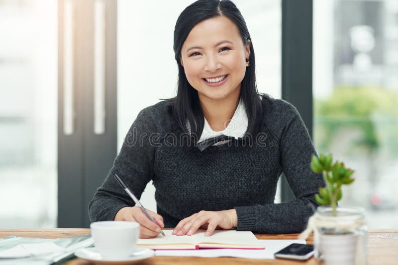 Author, woman and portrait in office, notebook and writing for career, creativity and entrepreneur in job. Asian girl, business and smile for workplace, copywriter and person with schedule for agency. Author, woman and portrait in office, notebook and writing for career, creativity and entrepreneur in job. Asian girl, business and smile for workplace, copywriter and person with schedule for agency.