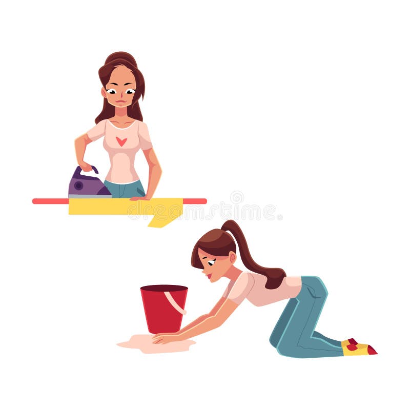 Mujer bastante joven, ama de casa que hace el quehacer doméstico - planchando, lavando el piso ilustración del vector Mujer bastante joven, ama de casa que hace el quehacer doméstico - planchando, lavando el piso ilustración del vector