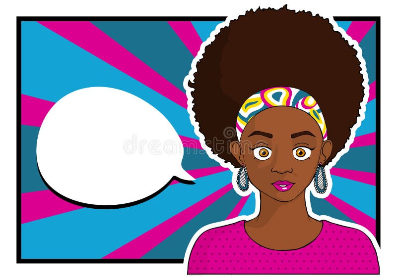 Mujer bastante negra de la muchacha de los jóvenes en estilo del arte pop con la burbuja vacía del discurso stock de ilustración Mujer bastante negra de la muchacha de los jóvenes en estilo del arte pop con la burbuja vacía del discurso stock de ilustración