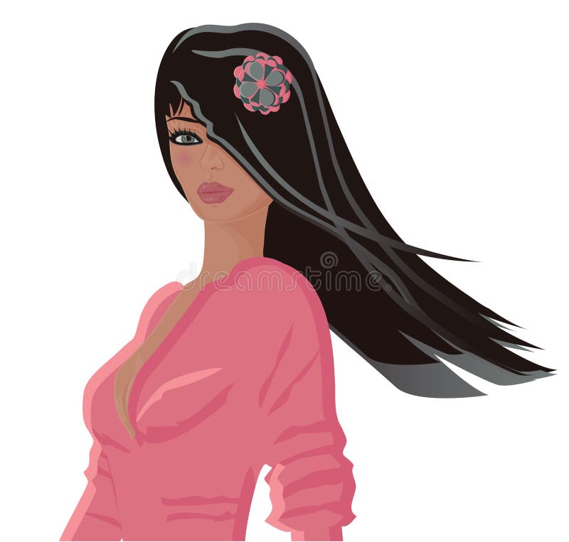 Illustrated portrait of a young woman with long flowing black hair, wearing a pink blouse. Illustrated portrait of a young woman with long flowing black hair, wearing a pink blouse.