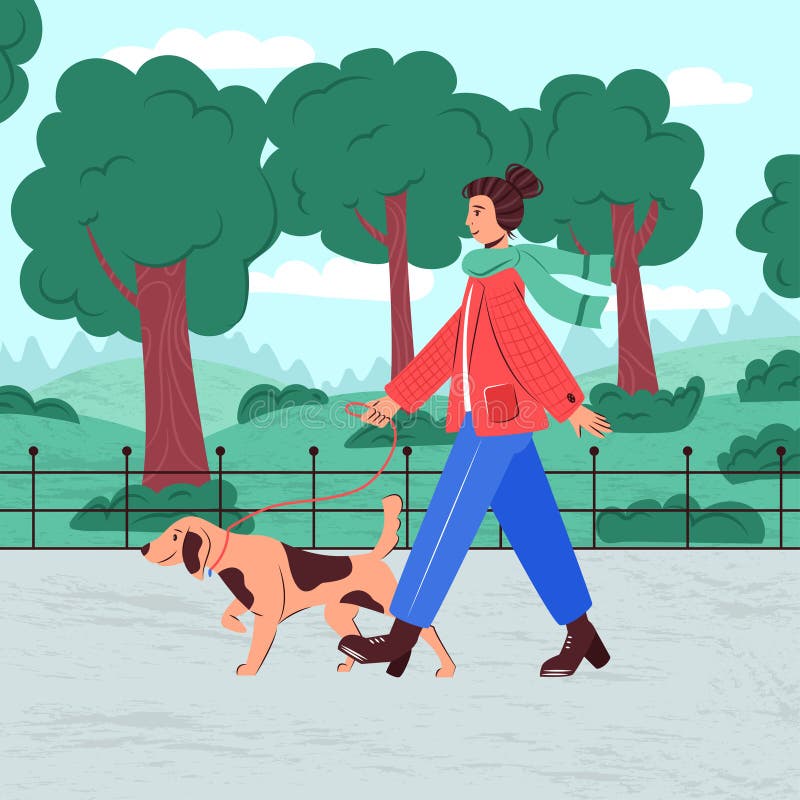 Mujer Caminando En Parque De La Ciudad Con Perro Vector Plano Ilustración  De Dibujos Animados. Carácter Femenino Con Animal Domést Ilustración del  Vector - Ilustración de hierba, concepto: 214616206