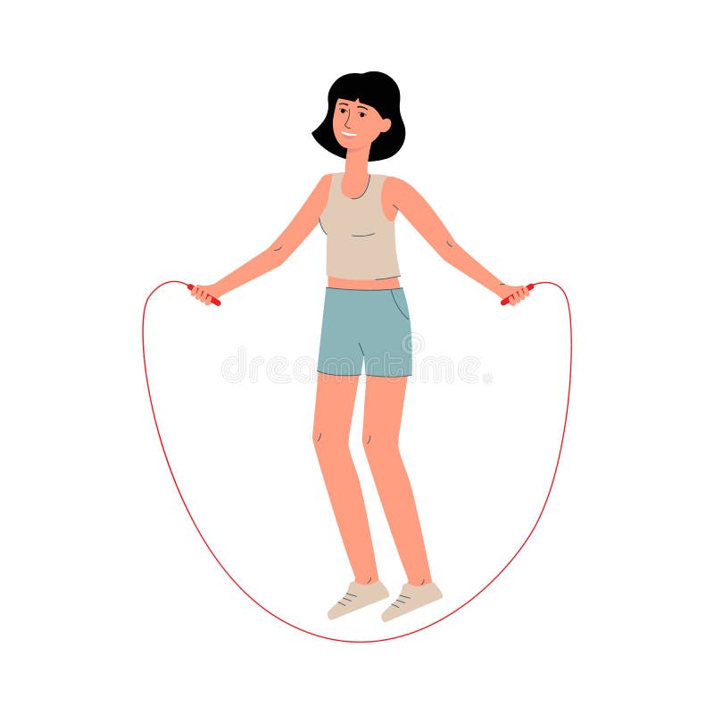 Mujer caricaturista saltando con cuerda de salto aislada en fondo blanco.