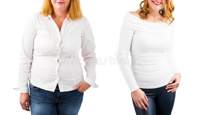 Mujer casual antes y después de la pérdida de peso, aislada en blanco