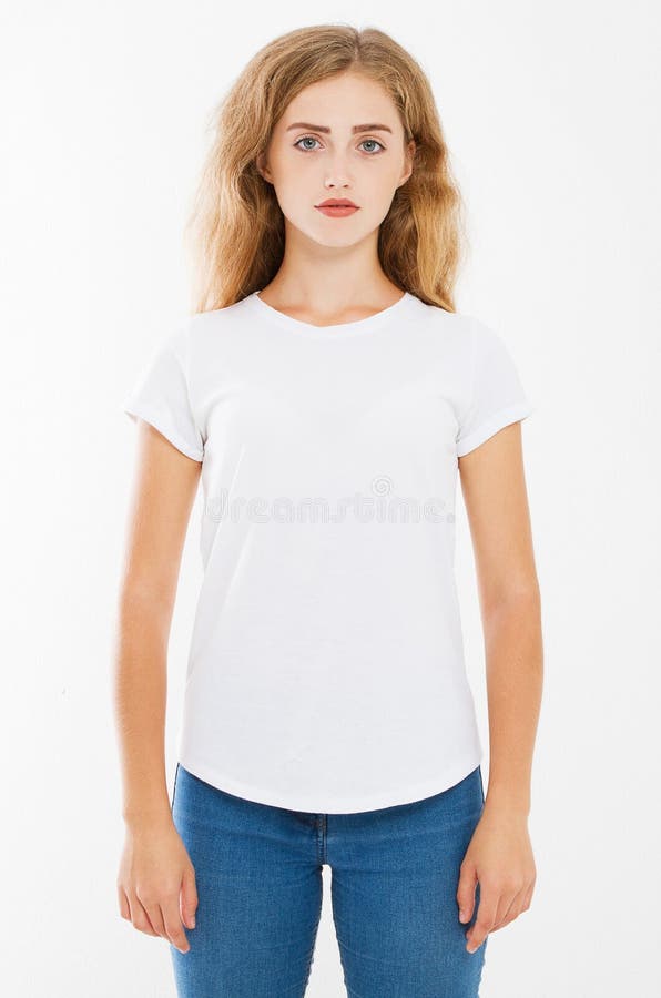 Caucásica Joven En Camiseta Blanca En Blanco Diseño De La Camiseta Y La Gente Vista Delantera De Camisas Aislad Foto de archivo - Imagen de hermoso, vaqueros: 129810000