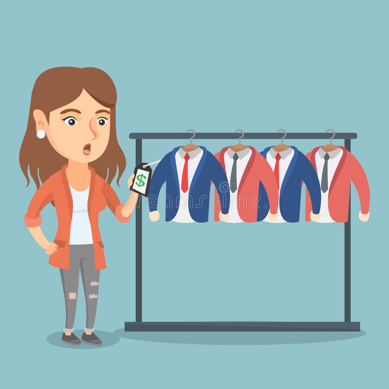 Mujer chocada por un precio en una tienda de ropa stock de ilustración Mujer chocada por un precio en una tienda de ropa stock de ilustración