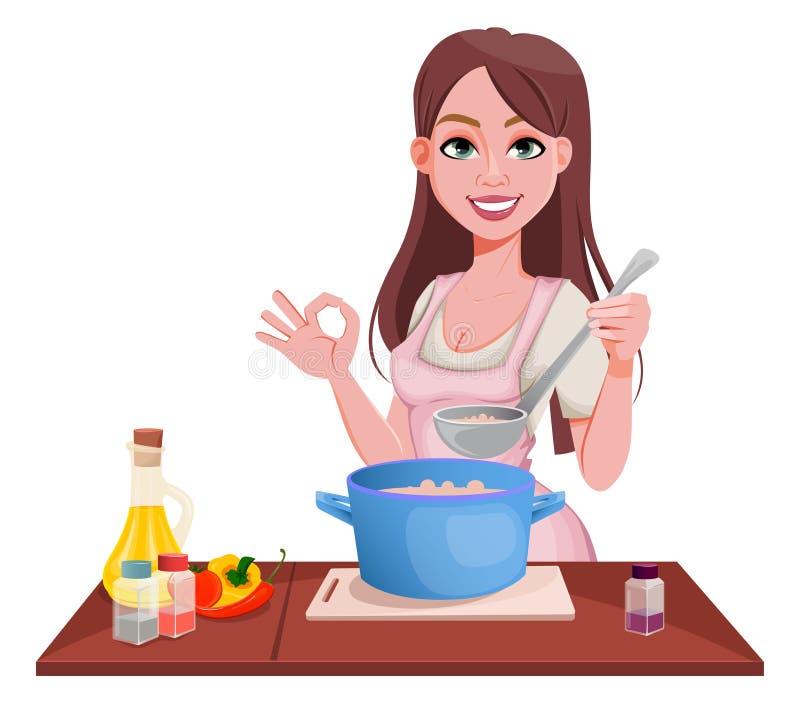 Mujer Cocinando En Casa. Jovencita Ilustración del Vector - Ilustración de  cacerola, casero: 179016661
