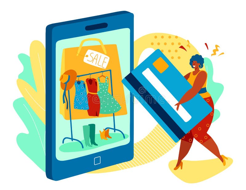  Mujer Comprando En Línea En Tienda De Ropa De Moda, Tarjeta De Crédito, Ilustración Vectorial Ilustración del Vector