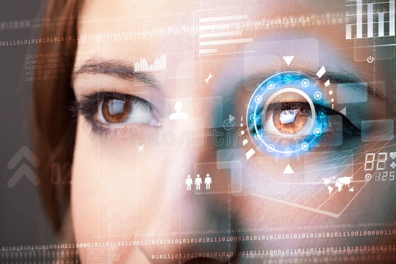 Mujer con concepto cibernético del panel del ojo de la tecnología fotos de archivo libres de regalías Mujer con concepto cibernético del panel del ojo de la tecnología fotos de archivo libres de regalías