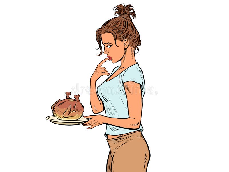 Mujer con dieta para la pérdida de peso de pollo frito o pavo ilustración del vector
