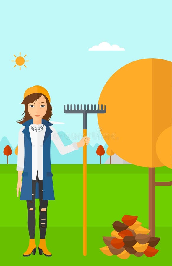 Mujer con el rastrillo que coloca el árbol y el montón cercanos de las hojas de otoño stock de ilustración Mujer con el rastrillo que coloca el árbol y el montón cercanos de las hojas de otoño stock de ilustración