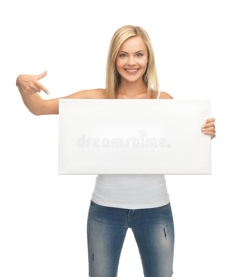 Woman pointing her finger at white blank board. Woman pointing her finger at white blank board