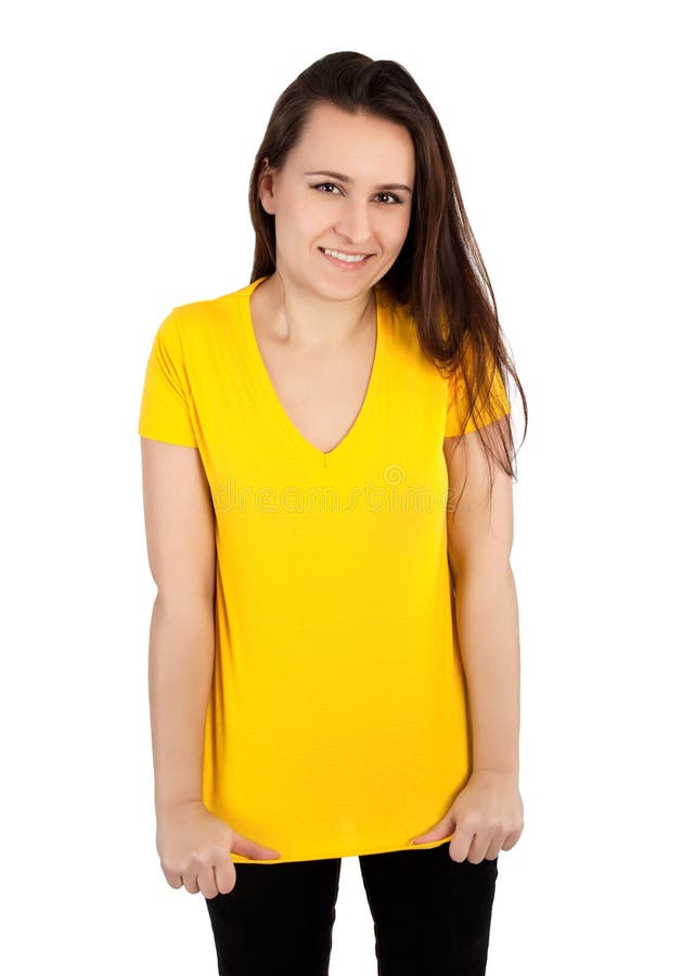 Mujer Con La Camiseta Amarilla En Blanco Imagen de archivo - Imagen de mujer,  persona: 37747801